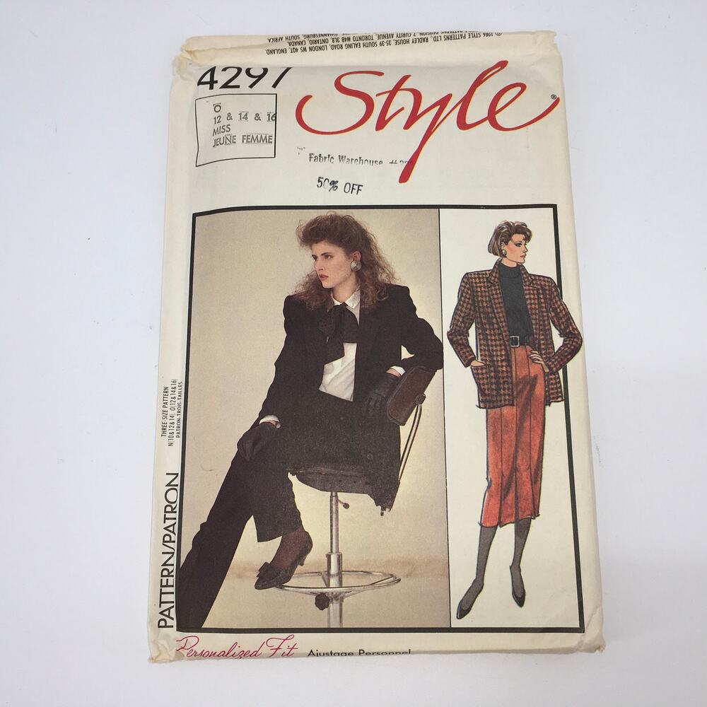 VTG Style 4291 Pattern 80s Boxy Blazer Skirt Suit Dark Academia Sz 12-16 UNCUT